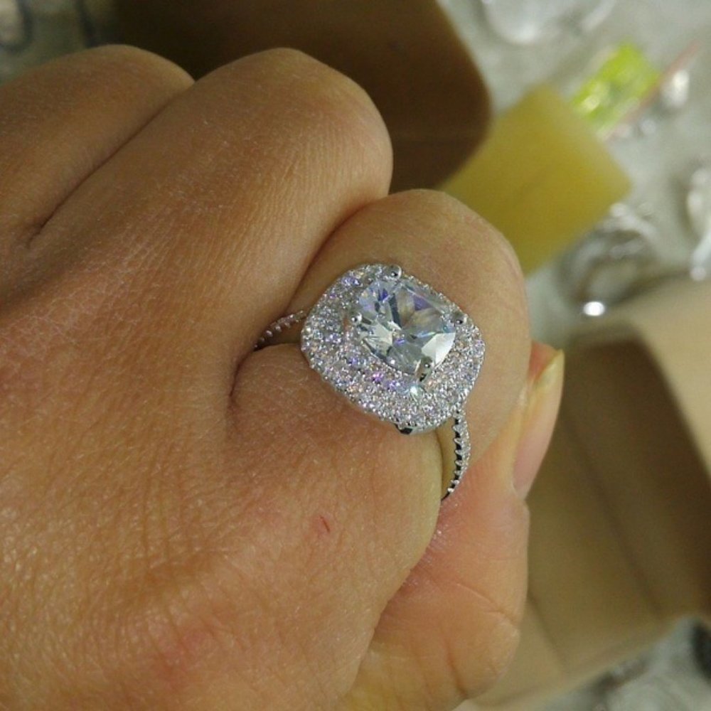 NEW 925 Sterling Silver Diamond Double Halo Ring - Picture 5 of 8